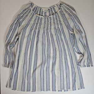 J. Jill Peasant Top Womens Medium Blue White Stripe Gold Sparkle Honeycomb Neck
